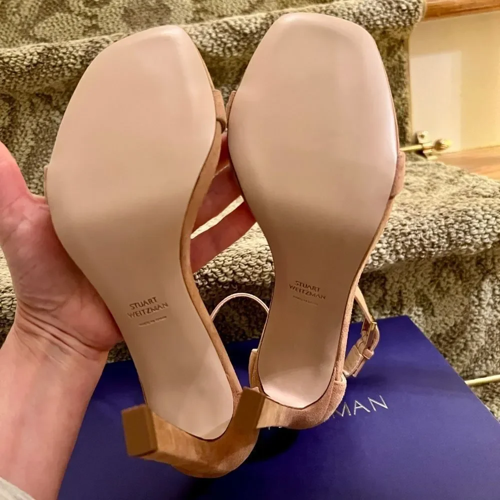 NWB Stuart Weitzman 100 Square Nudist Nude Suede Heels Sandals Shoes 8.5 M